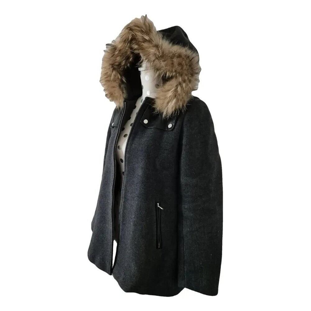 Sandro Paris Gray Wool Fur-Trimmed Hooded Winter Coat — French Luxury
